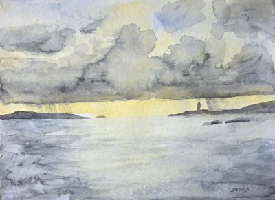 Aquarellbild einer Küstenlandschaft unter Sturmwolken  